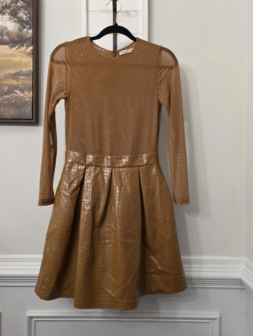 Alice + Olivia Chara Brown Croco-Embossed Faux Leather Mini Dress Size 4